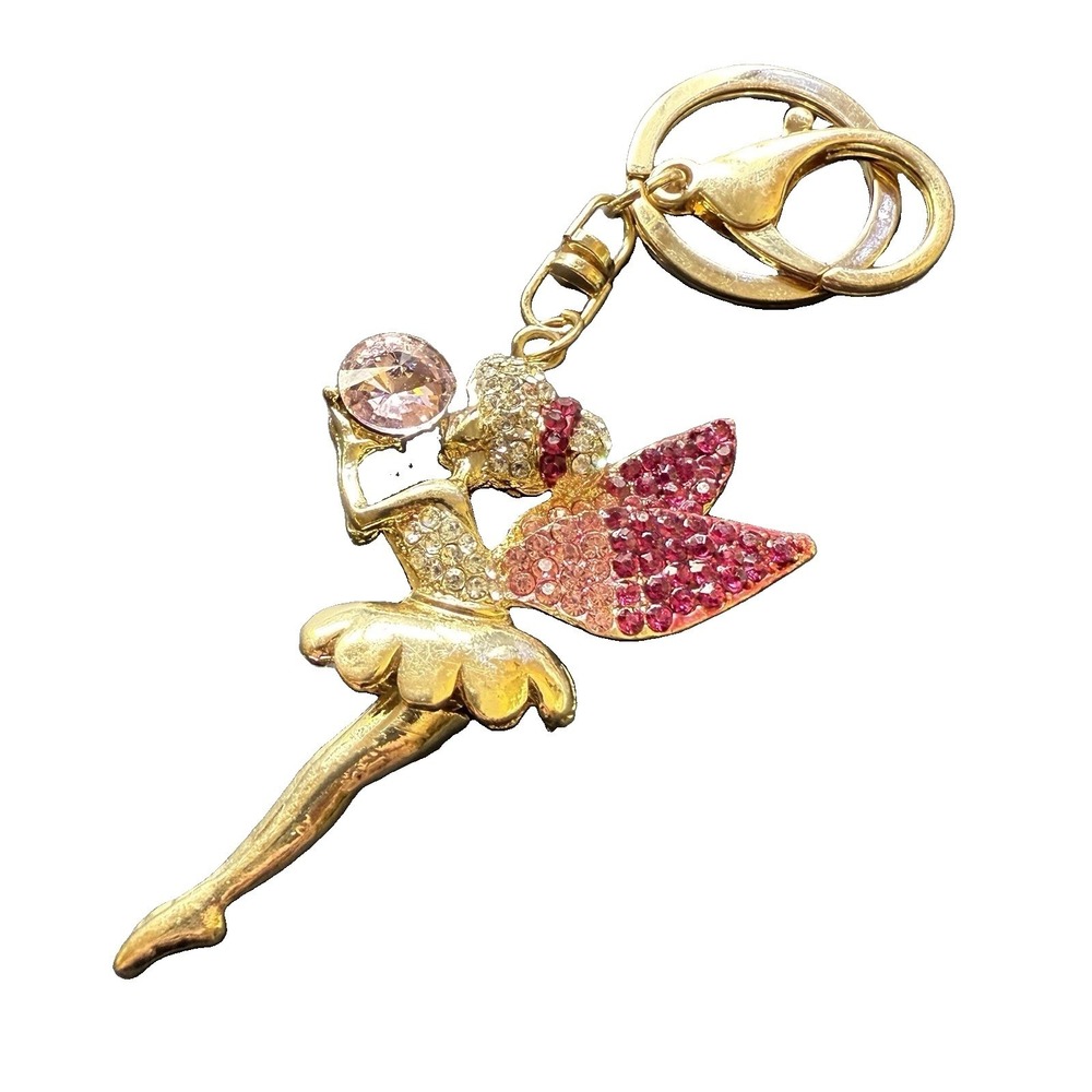Large Fairy Pendant Keychain Crystal Bag Charm Gold Pink Purple Tinker Bell